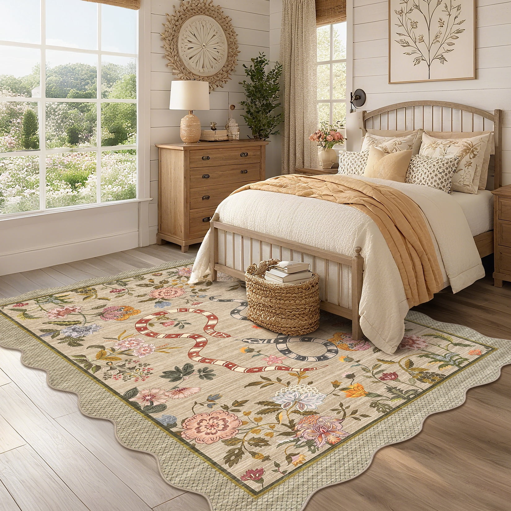 Hasoo Washable Living Room Area Rug 8x10 Large Modern Floral Snake Soft Stain Resistant Scalloped Indoor Brown Carpet