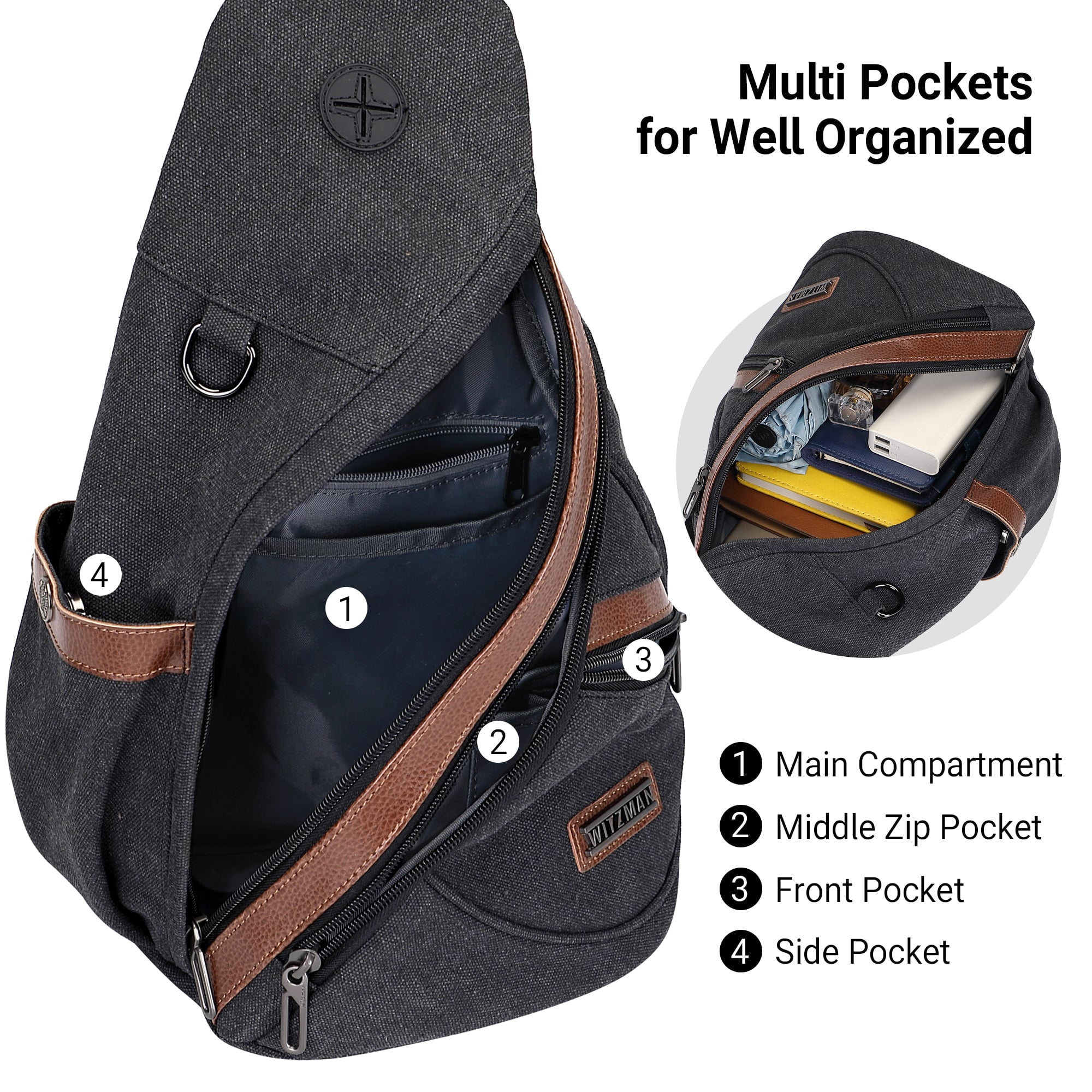 WITZMAN Canvas Sling Bag for Men Women Convertible Sling Backpack Crossbody Vintage Chest Bag Travel Casual Daypack(A8003 Black)