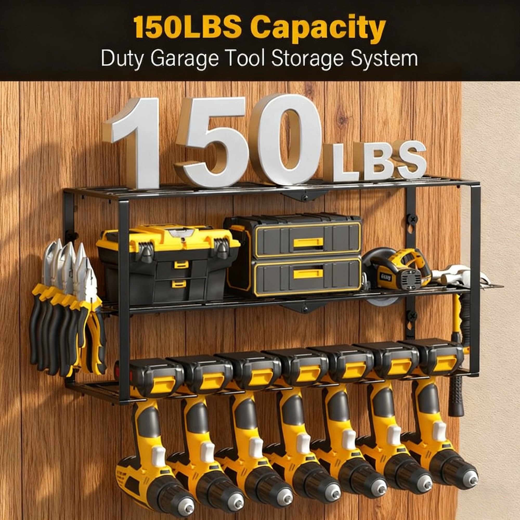 150LB Heavy Duty Wall Mount Drill Holder - 3 Tier Metal Organizer w/7 Hooks - Holds 5 Drills & Accessories - Space Saving Garage Storage