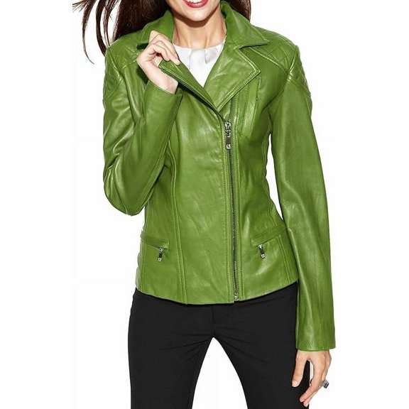 Women's Genuine Green Lambskin Leather Jacket Motorcycle Slim fit Biker Jacket W404