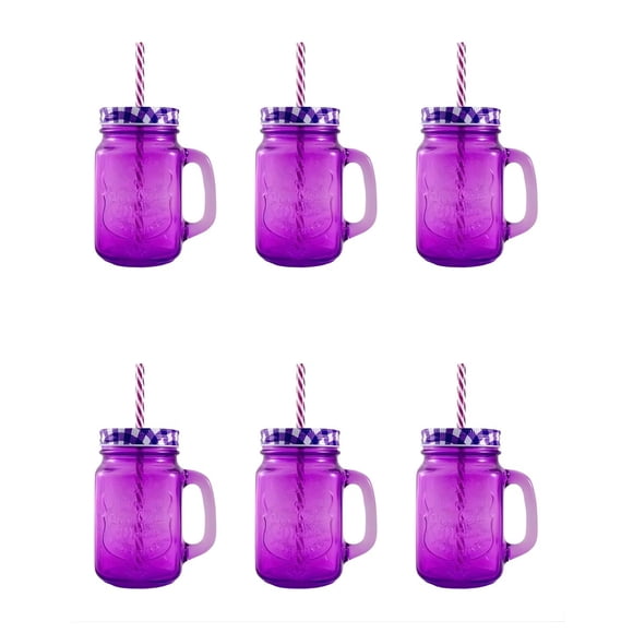 6 Piezas Mason Jar Grabado Vaso Tarro Con Tapa Y Popotes Color Morado