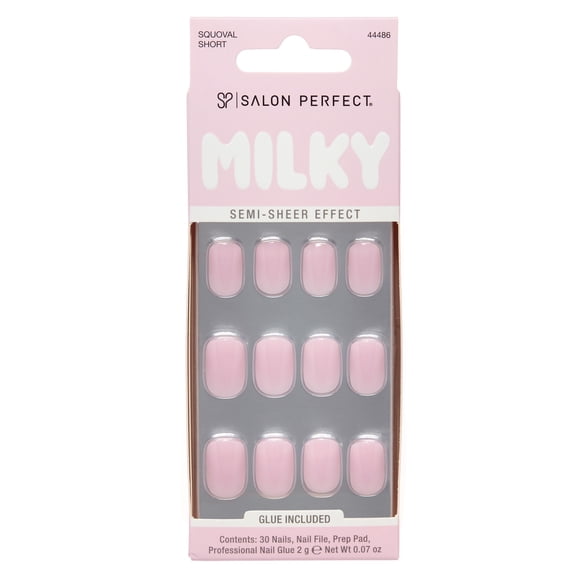 Salon Perfect Artificial Fake Press On Nails, 451 Milky Pink, Short Squoval, File, Glue and Prep Pad Included, 30 Nails