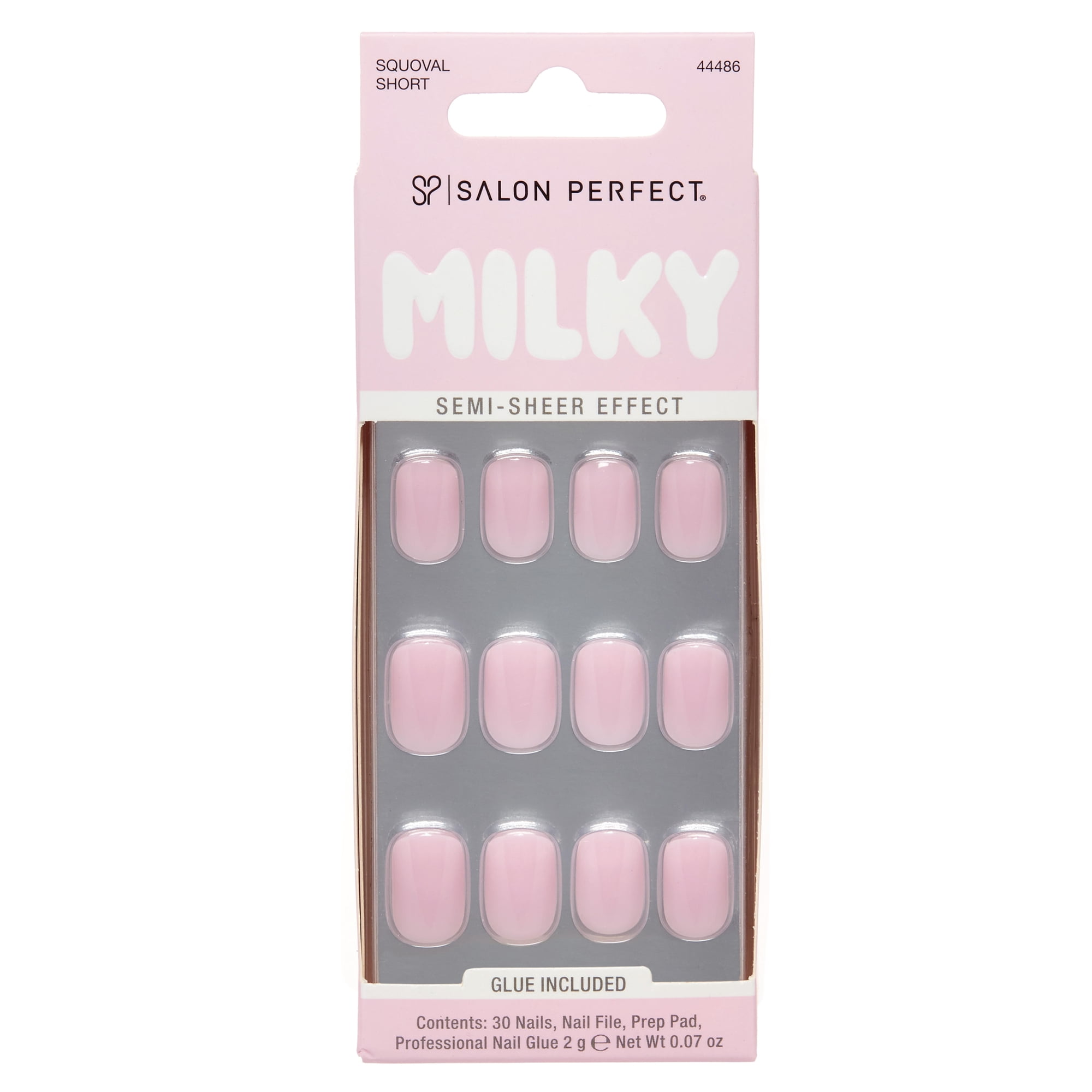 Salon Perfect Artificial Fake Press On Nails, 451 Milky Pink, Short Squoval, File, Glue and Prep Pad Included, 30 Nails