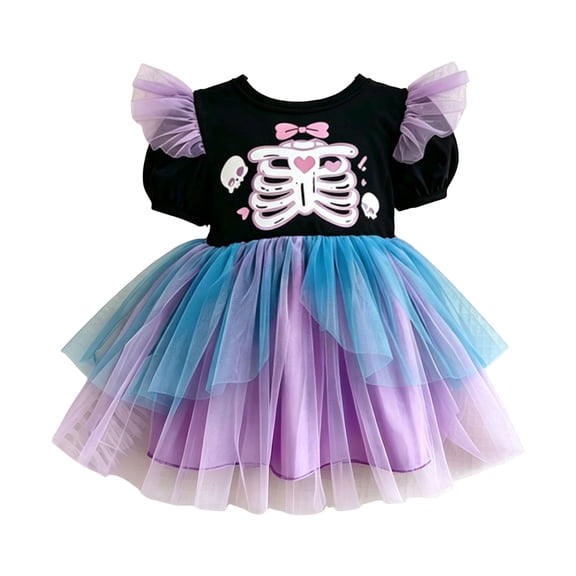 YDFCWXW Girl’s Halloween Skeleton Dress Costume Tutu Dresses (Black, 2-3 Years)