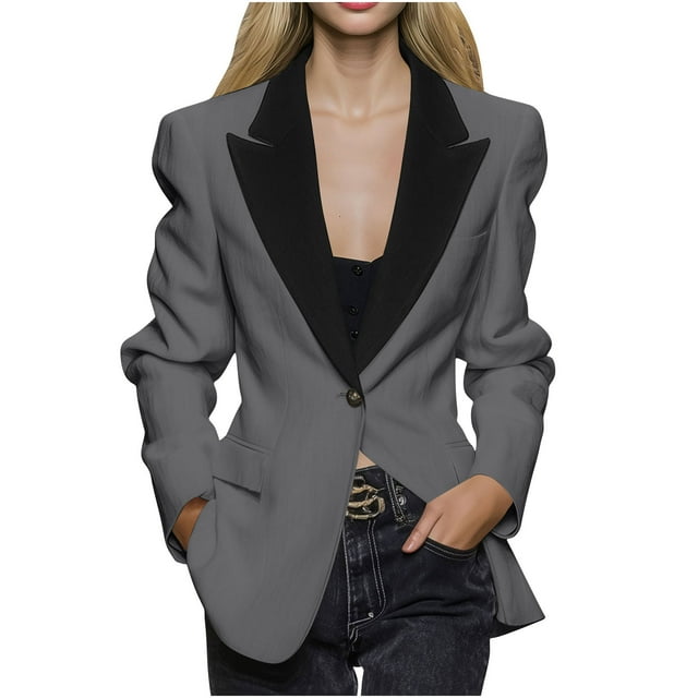 RXMEKW Slim Lapel Blazer for Women Long Sleeve Button Front Office Jacket for Work Solid Color