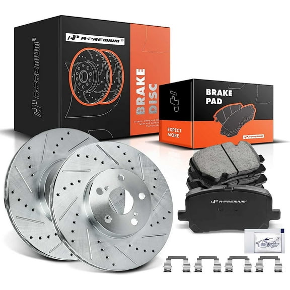 A-Premium 10.83 inch Front Drilled and Slotted Disc Brake Rotors   Ceramic Brake Pads Kit Compatible with Select Pontiac and Toyota Models - Corolla 2003-2008, Matrix 2003-2008, Vibe 2003-2008