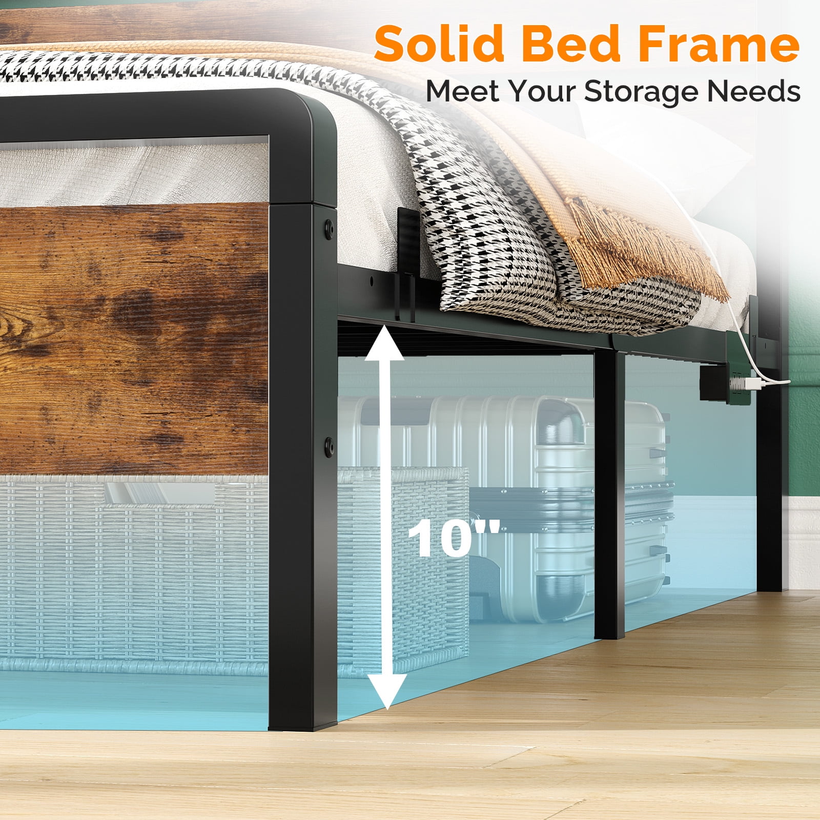 Ktaxon Full Size Bed Frame with LED Headboard & Footboard, Metal Platform Bed with Charging Station, Rustic Brown
