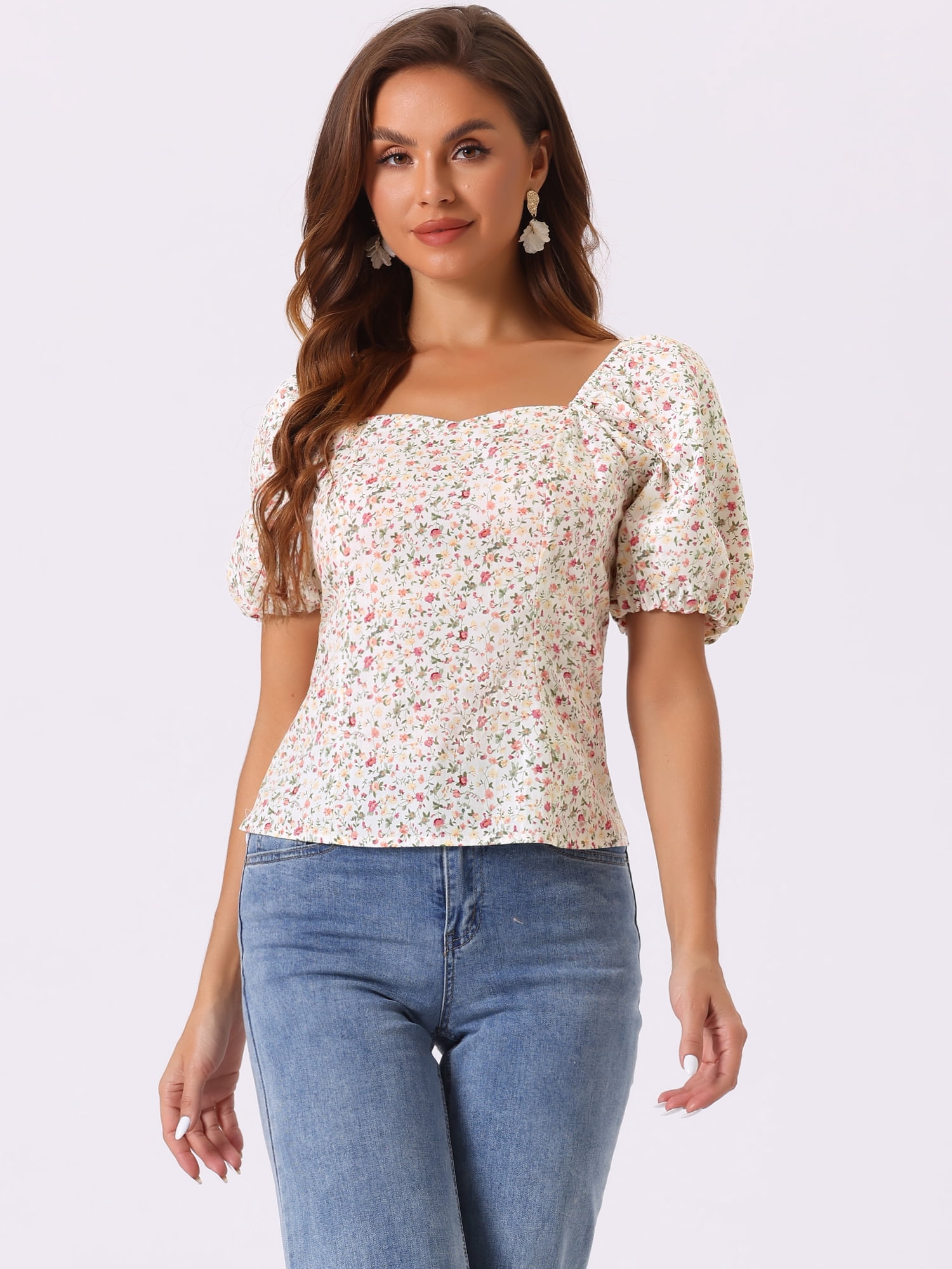 DARING DIVA Puff Sleeve Sweetheart Neck Smocked Floral Top S White Yellow