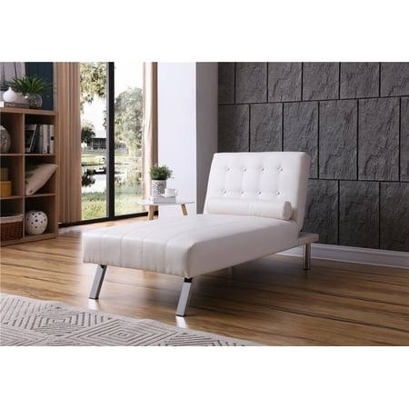 Button Tufted Back Convertible Chaise Lounger with Lumber Support Pillow, White Color