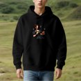 thumbnail image 2 of Men's Long Sleeve Hooded Pullover Sweatshirt with Cartoon Woman Design Smiling with Book & Bag Surrounded by Yellow Stars Flowers, 2 of 7