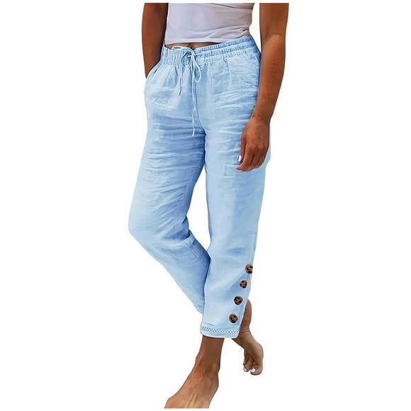 AherBiu Cotton Linen Pants for Women High Waisted Tapered Leg Loungewear Lightweight Summer Pants