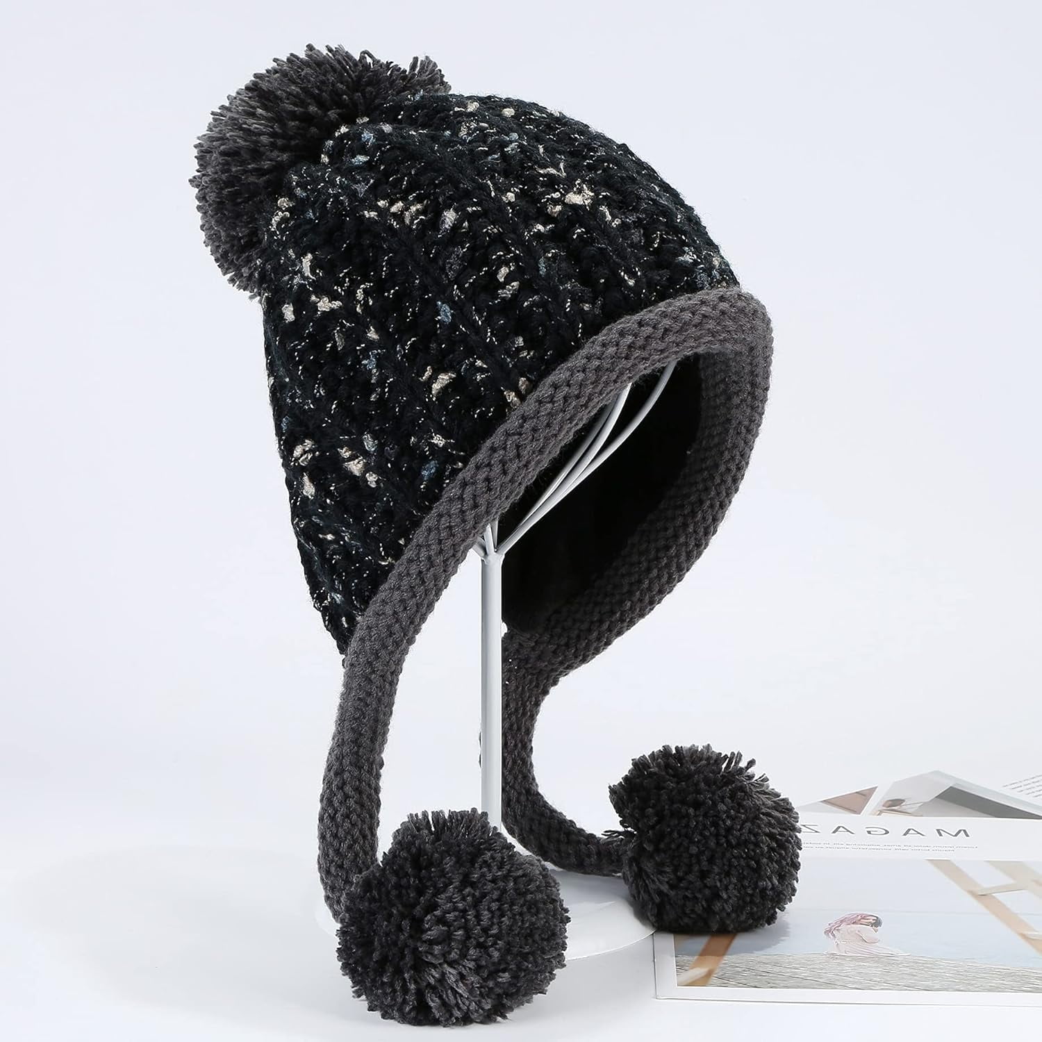 YooGuoGuo Women Winter Beanie Hat Earflap Peruvian Warm Slouchy Fleece Lined 3 Pom Poms Knit Sherpa Fluffy Soft Ski Hats