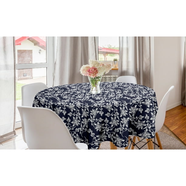 Navy Blue Round Tablecloth Fl Arrangement Botanic Foliage Pattern Japanese Composition Eastern Circle Table Cloth Cover For Dining Room Kitchen Decor 60 Dark White By Ambesonne Com Navy Blue Round Tablecloth Fl, Navy Blue Round Tablecloths