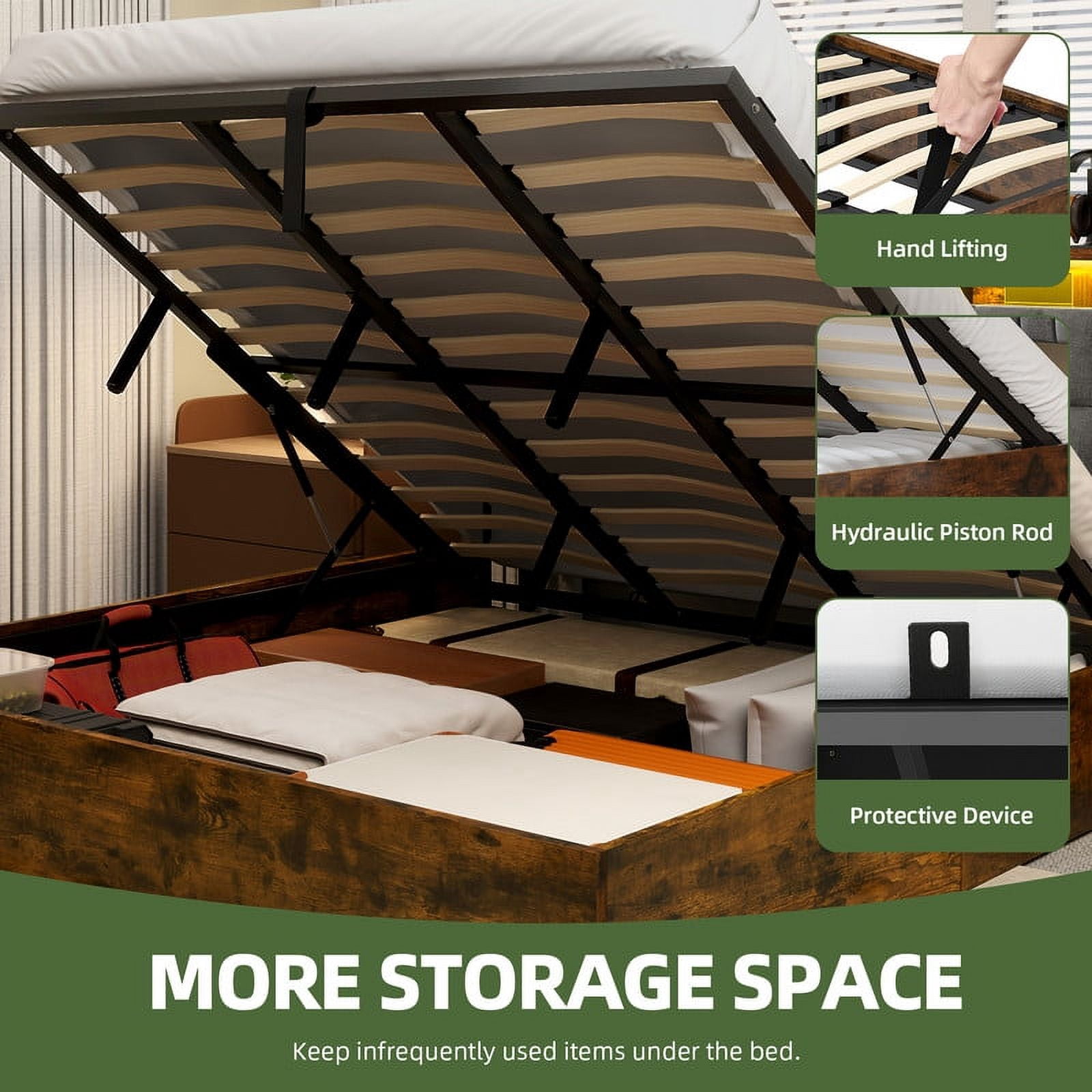 Uforic King Size Lift Up Bed Frame with Charging Station & RGB LED Lights, Upholstered Storage Bed, Noise Free, Rustic Brown
