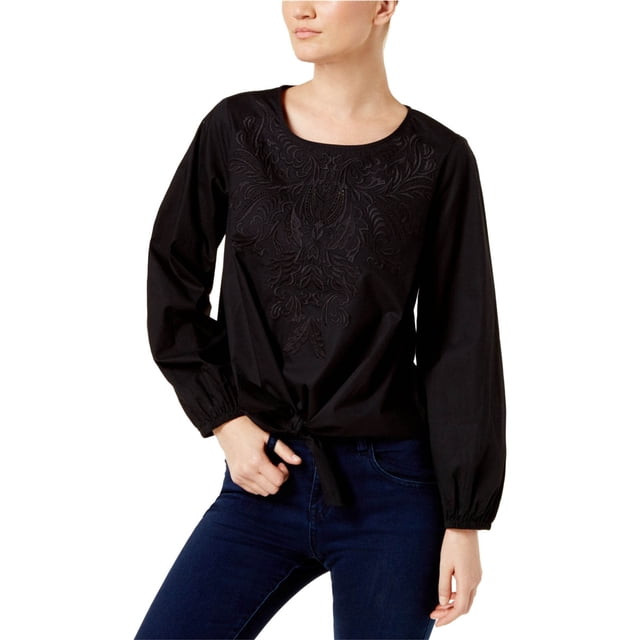 INC Blusa de punto bordada con ojales para mujer, negra, pequeña