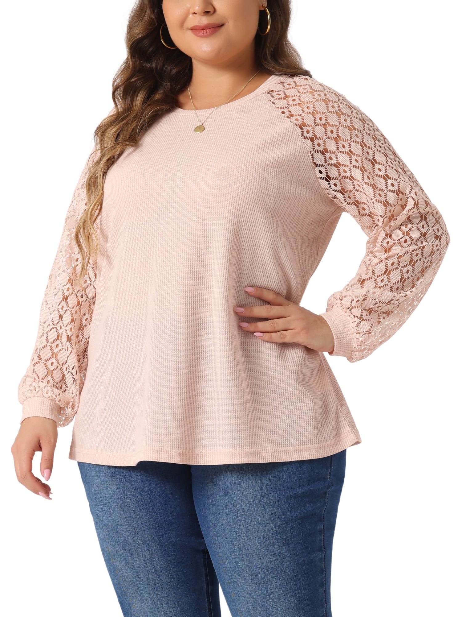 DARING DIVA Women's Plus Lace Crew Neck Long Sleeve Casual Blouse 2X Light Pink