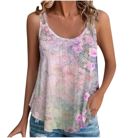 GA WEIHUA Flowy Tank Tops for Women Rose Print Cute Caomisole for Ladies Summer Going Out Tshirts Spaghetti Strap Eyelet Embroidery Vest Loose Fit Sleeveless Camis(Pink,XXL)