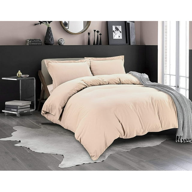 Mocassi 3-Piece Duvet Cover Set, 1800 Thread Count, Button Closure, Solid Color - Cooling, Breathable Material- Wrinkle, Fade, Stain Resistant, Full/Queen, Cream