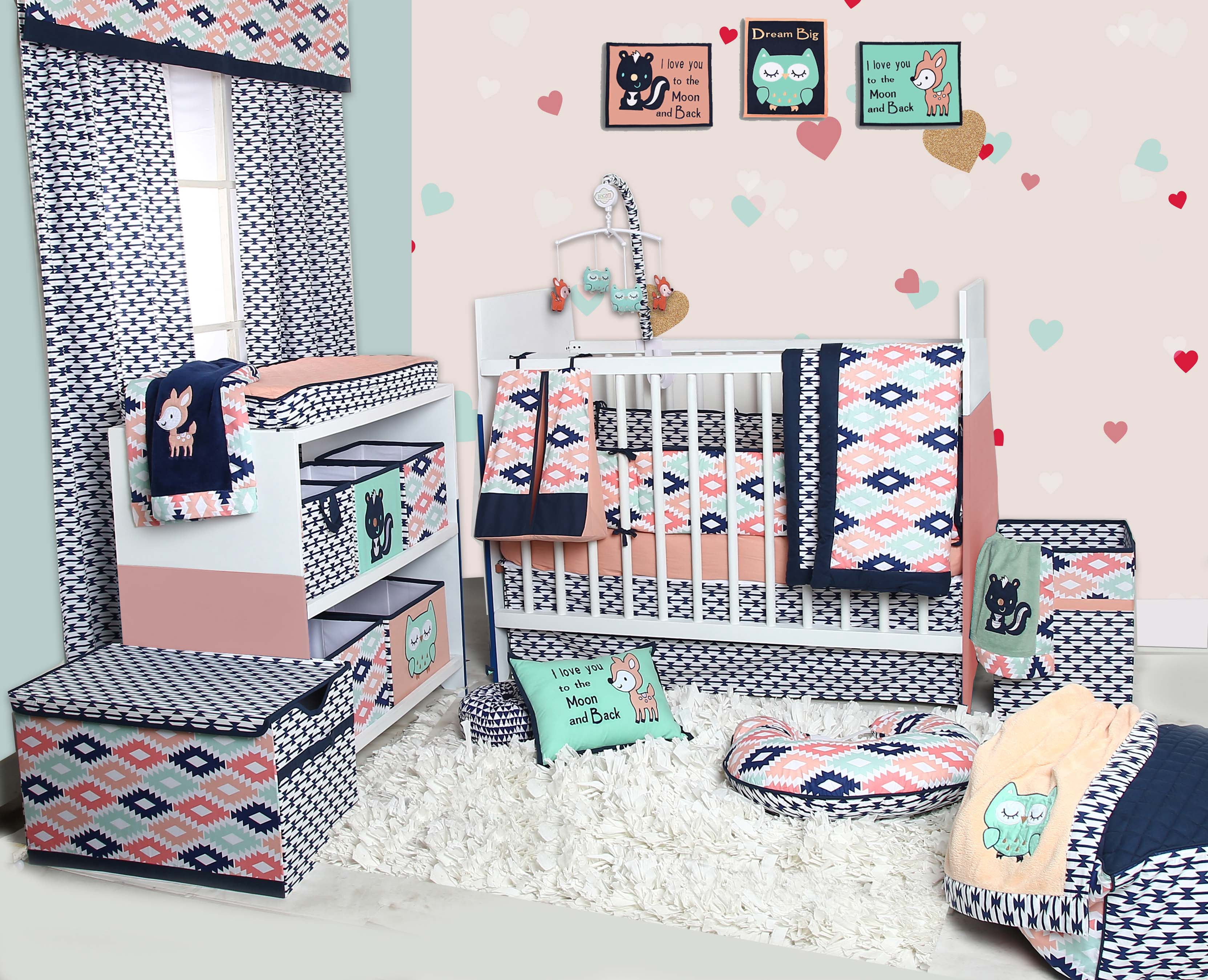 Bacati - Emma Aztec Quilted Top 100% Cotton Percale with Polyester Batting Diaper Changing Pad Cover, Kilim Coral/Mint/Navy