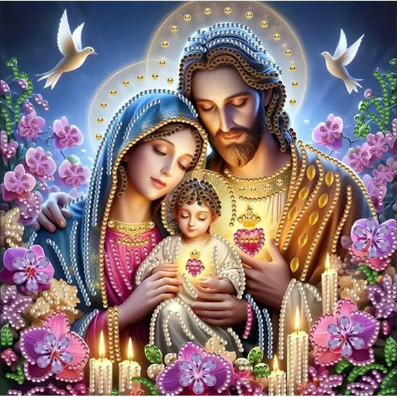 DIY Jesus Special Shape Diamond Art Kits, 5D Christmas Flower Diamond Painting Kits for Beginners Adults, Jesus Family Diamond Dot Painting Gem Art Kits for Home Decor 12 x12 inch