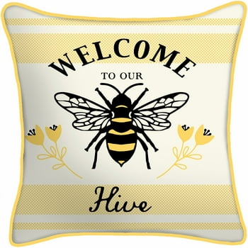 Mainstays Welcome to Our Hive Bee Reversible Outdoor Throw Pillow, 16", Yellow and Multicolor Novelty