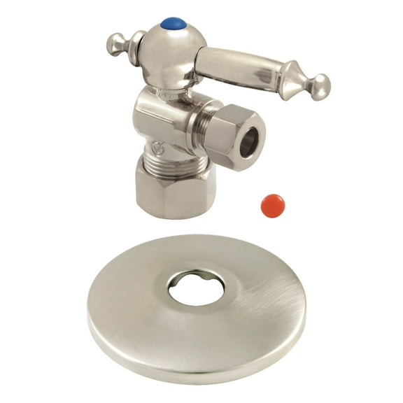 Kingston Brass CC53308TLK 5/8" OD Comp x 3/8" OD Comp Quarter-Turn Angle Stop Valve with Flange, Brushed Nickel
