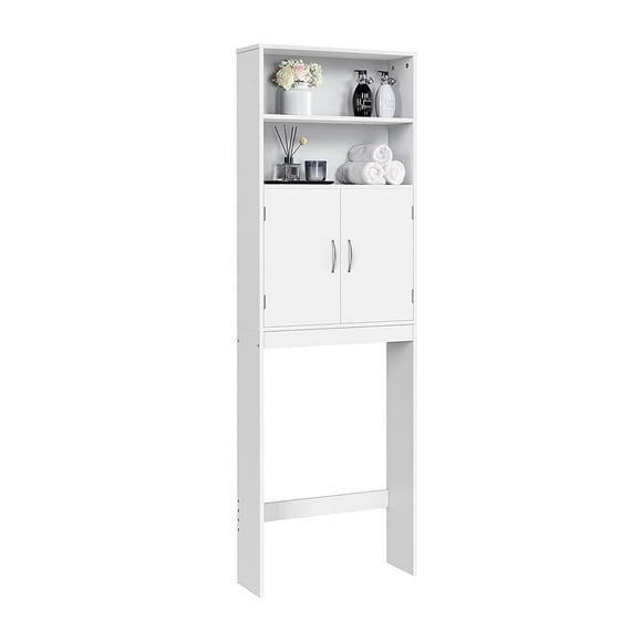 Over The Toilet Cabinet, Double Door Bathroom Storage Organizer, Toilet Rack with Inner Adjustable Shelf and 2 Upper Open Compartments, White