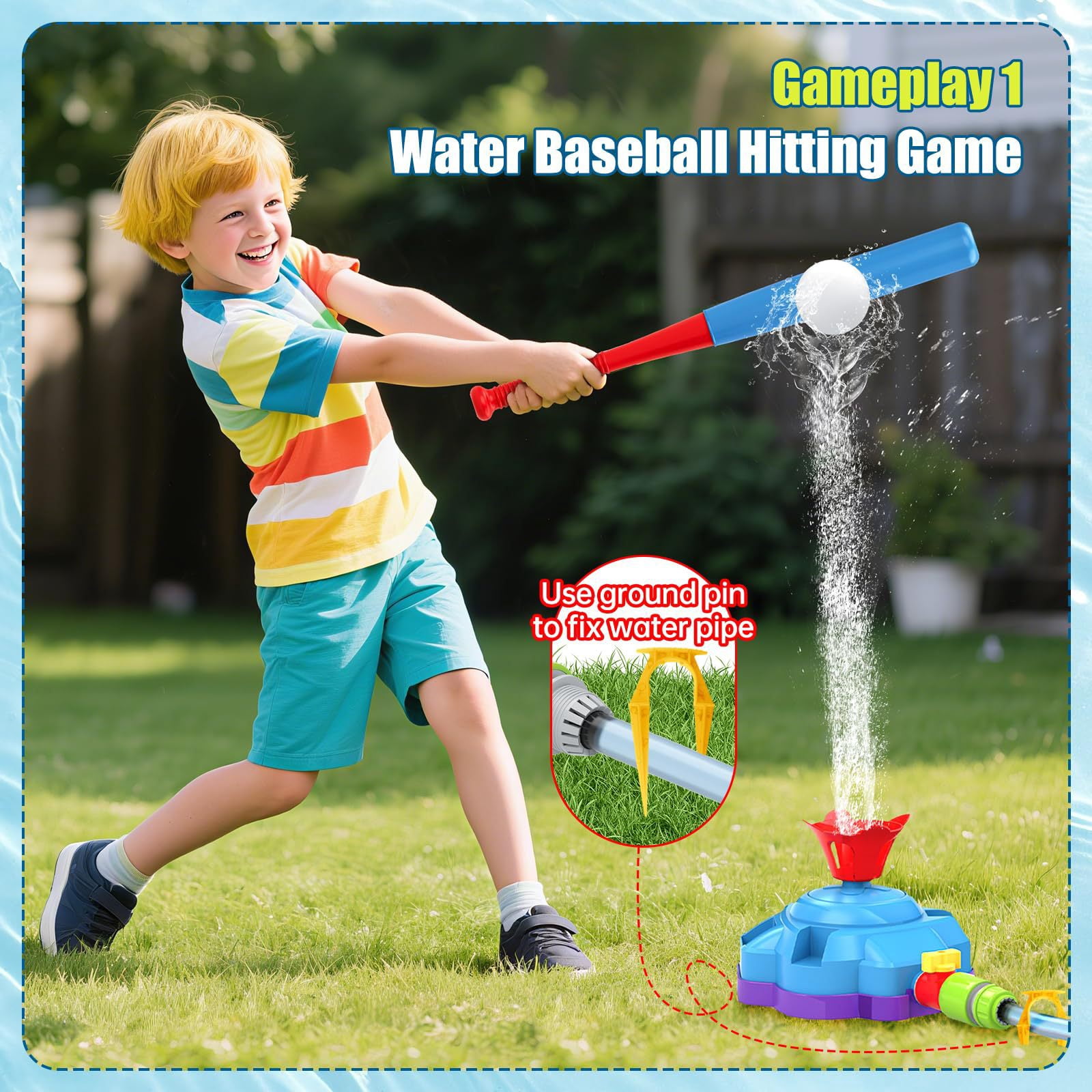 4-in-1 Kids Water Sprinkler Toys, Summer Outdoor Water Baseball/360° Rotating Sprinkler/Stomp Rocket/Rocket Launcher for Backyard Outdoor Summer Toys for Boys Girls
