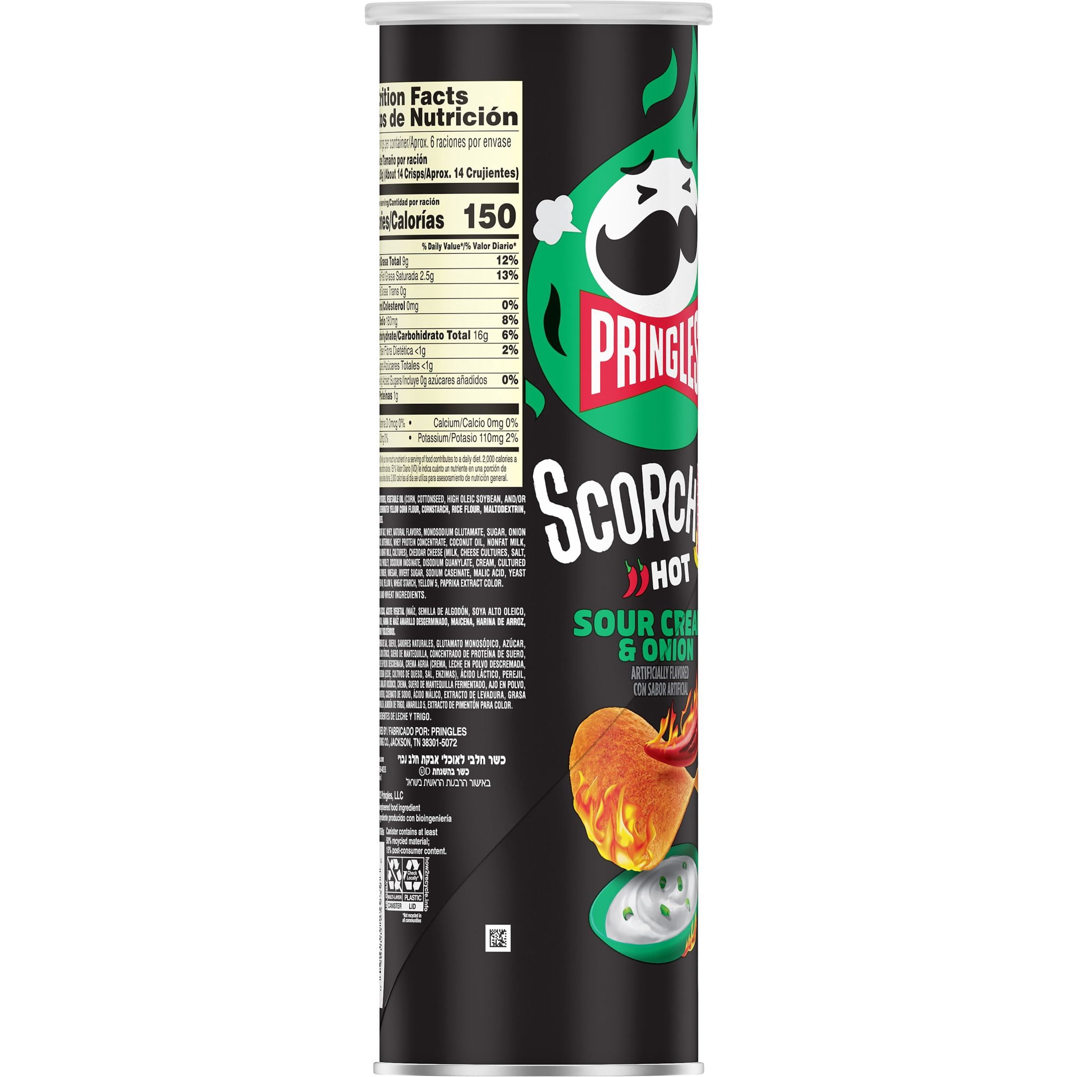 Pringles Scorchin' Sour Cream and Onion Potato Crisps Chips, Spicy Snacks, 5.5 oz