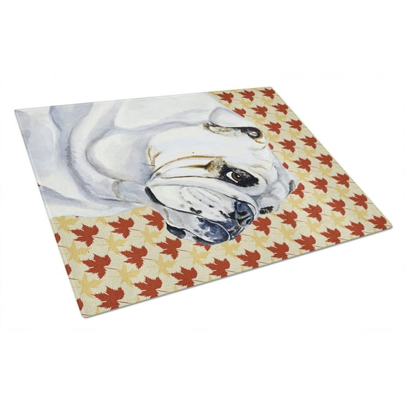 Carolines Treasures LH9094LCB Bulldog English Fall Leaves Portrait Glass Cutting Board Large, 12H x 16W, multicolor