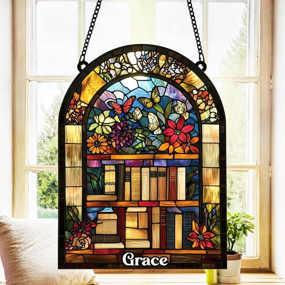 Library Acrylic Suncatcher, Book Lover Window Hanging, Faux Stained Glass Bookish Home Decor, Perfect Gift for Librarians and Xmas Ornament