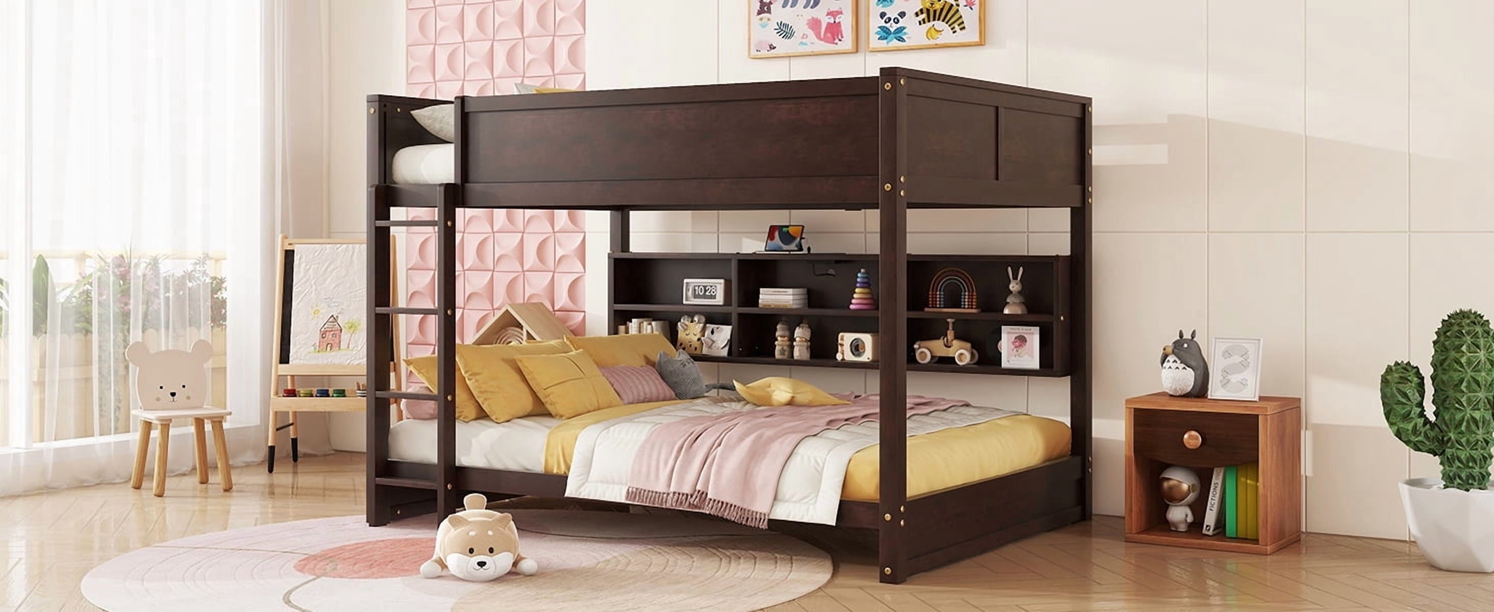Sailvan Bunk Bed, Solid Pine Wood with Built-in Storage Cabinets, Charging Station
