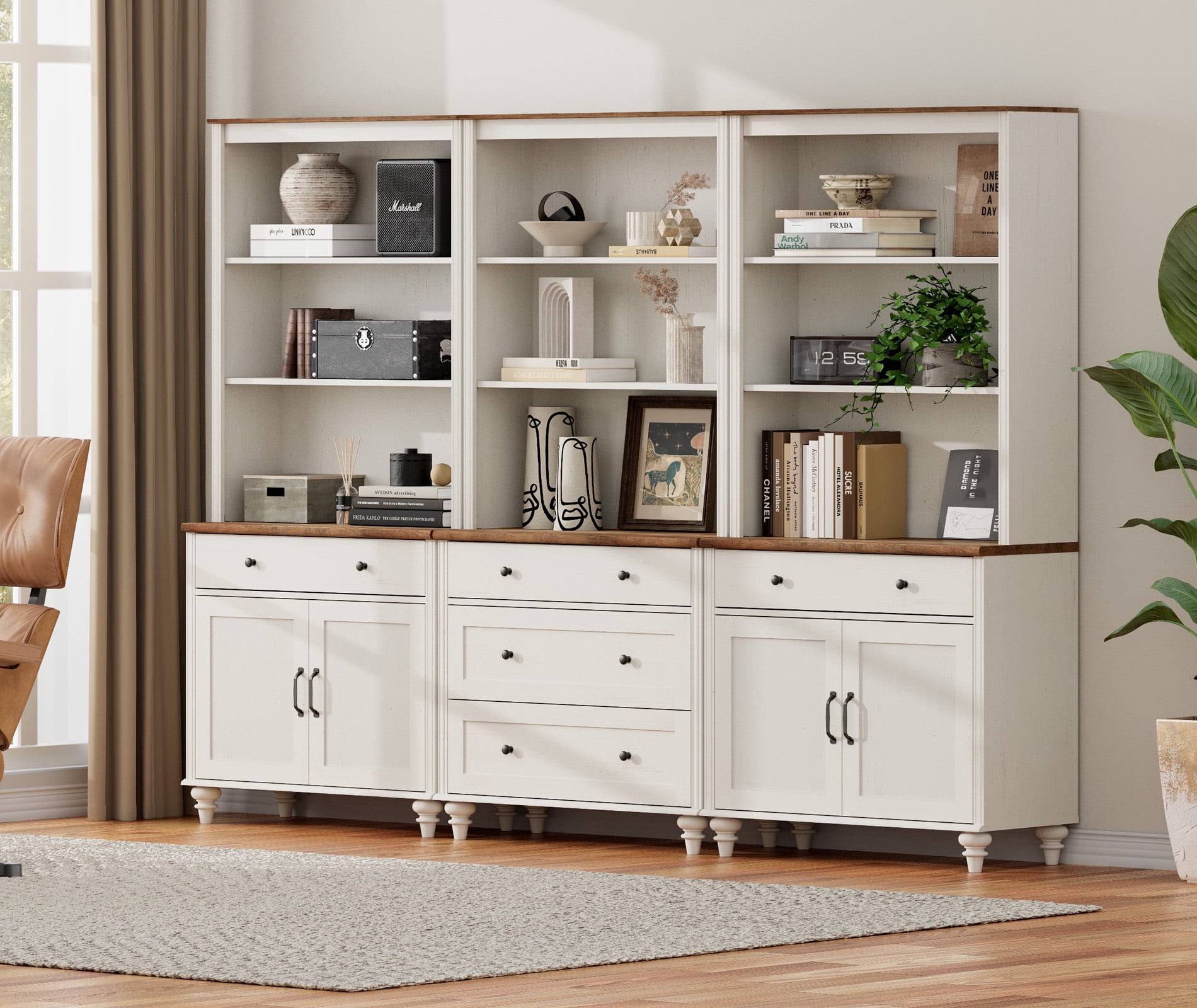 Farmhouse White 5 Drawer Sideboard Credenza, 72" Tall Wooden Storage Cabinet with 5 Tier Adjustable Shelves & Wood Door, Mid-Century Buffet for Living Room, Study & Bedroom
