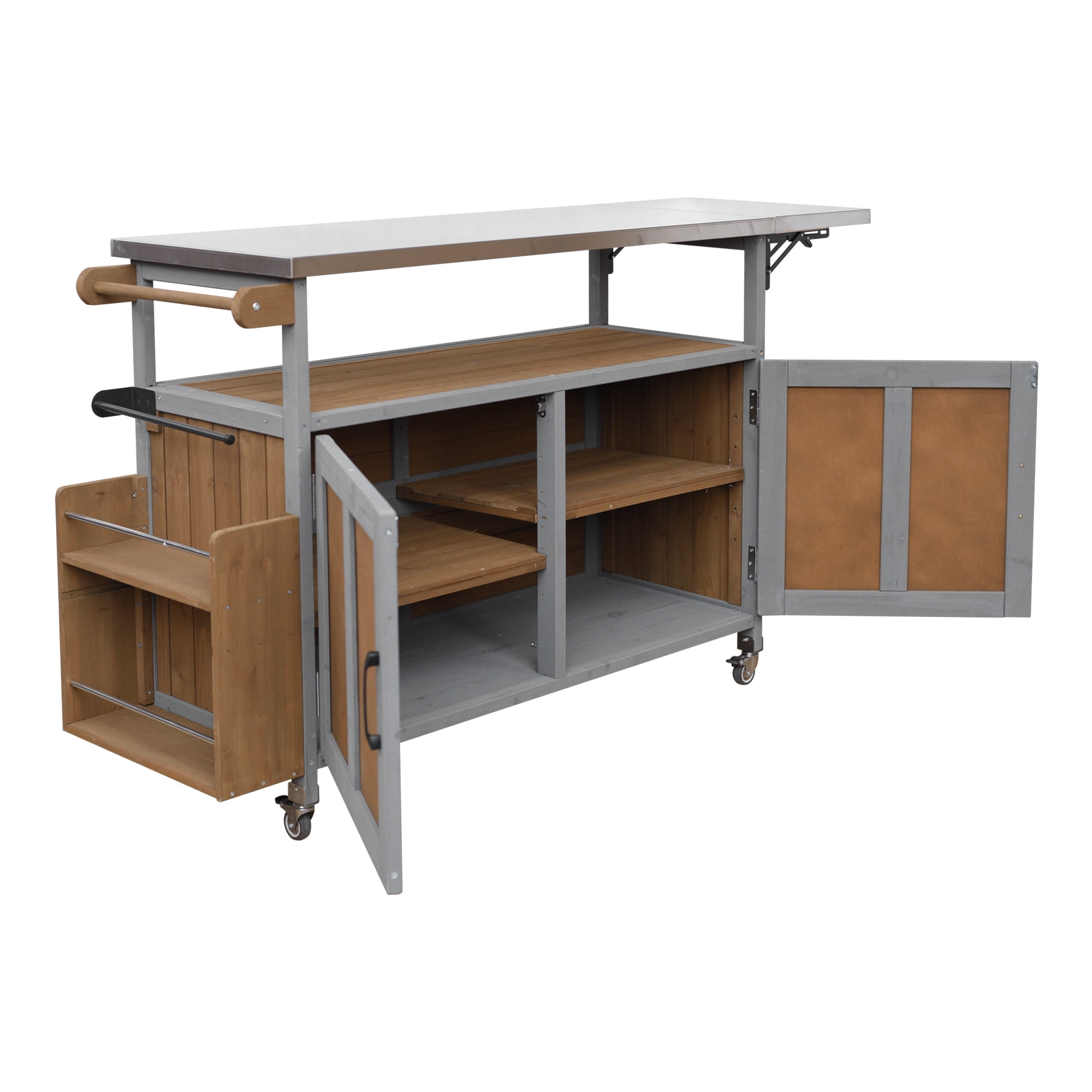 Harper & Bright Designs Outdoor Extendable Kitchen Island with Wheels, Patio Kitchen Cart with Foldable Stainless Steel Top, Portable Prep Station with Storage Cabinet, Espresso + Grey