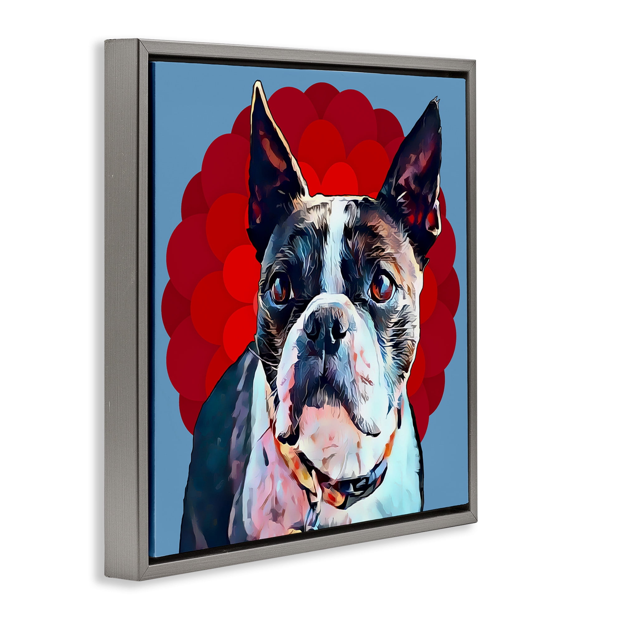 Stupell Industries Boston Terrier Dog over Geometric Animals & Insects Painting Gray Floater Framed Canvas Art Print Wall Art, 25 x 25