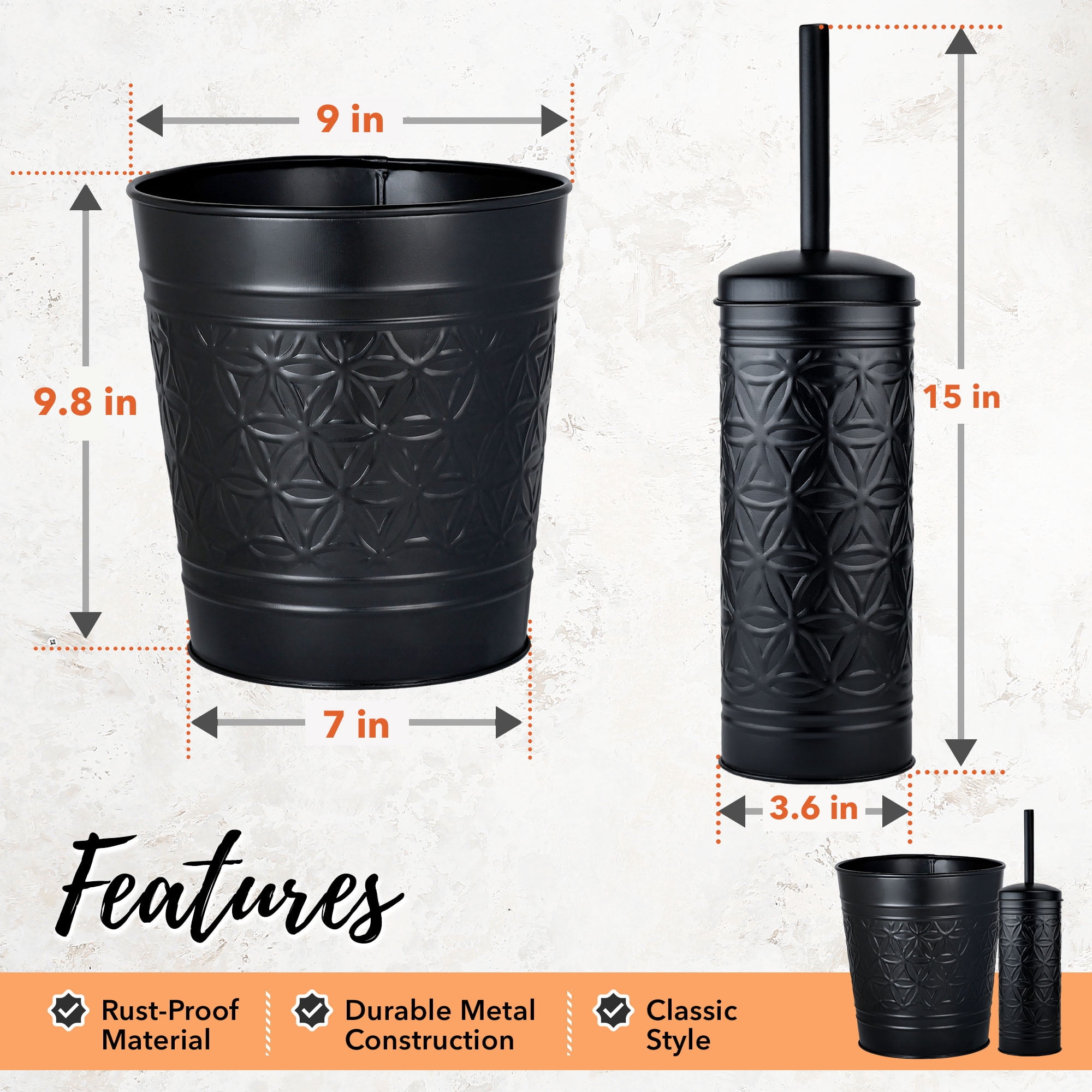 Autumn Alley Black Metal Trash Can & Toilet Brush Set, Matte Black Bathroom Accessories Set