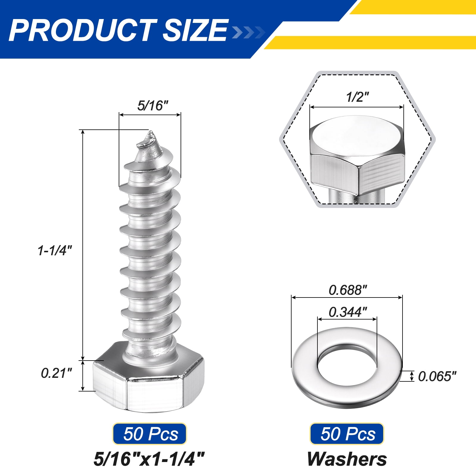 Uxcell 50 Pcs Hex Head Lag Screws - 5/16"x1-1/4" Stainless Steel 18-8 (304) Lag Bolts Hexagon Head Heavy Duty Wood Screws with Flat Washers for Wood, Decks, Fences, Furniture, Silver