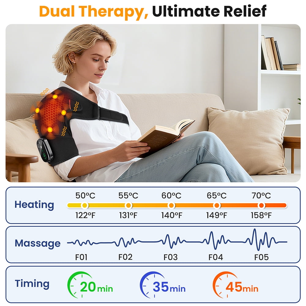 FlareMore Cordless Shoulder Heating Pad with Vibration, Heated Shoulder Wrap Brace, 3 Heat Levels, Rechargeable Shoulder Massager for Men Women