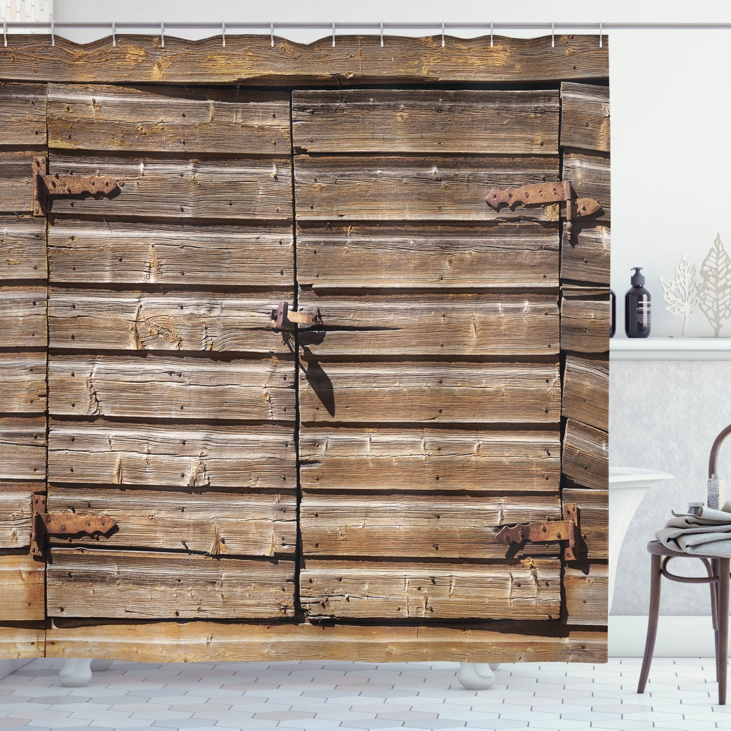 Rustic Brown-Gray Wooden Barn Door Shower Curtain Bathroom Fabric & 12hooks 