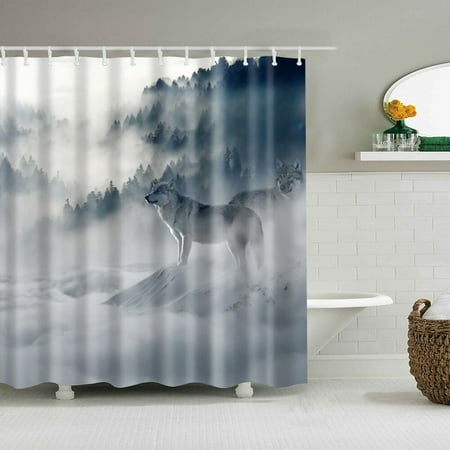 Wolf In The Mist Shower Curtain Mystery Bathroom Decoration with Hooks