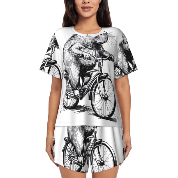 Fotbe Capybara Riding Bicycle Conjunto de Pijama Estampado para Mujer, 2 Piezas, Ropa de Dormir con Camiseta de Manga Corta y Shorts Suaves-3X-Large