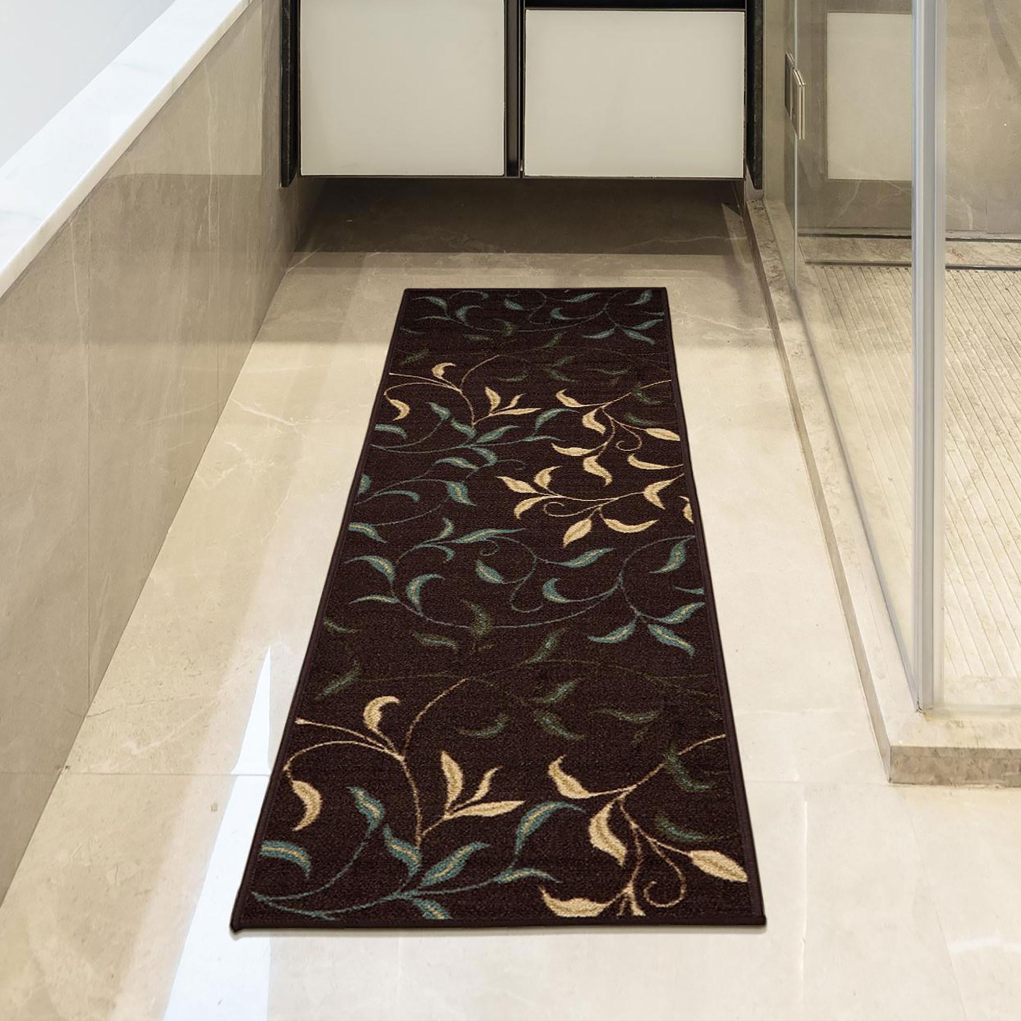 Ottomanson Leaf Kitchen Runner Rug 1'10" x 7' - Non Slip Low Pile Carpet, Brown