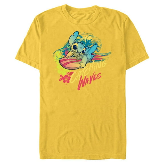 Disney Lilo & Stitch Beach Vibes Surfing Catching Waves - Short Sleeve Blended T-Shirt for Adults - Customized-Yellow