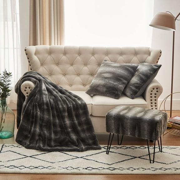 Home Soft Things Tip Printing Light Faux Fur Throw Pillow Shell Ottoman 4 Piece Set