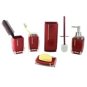 Bathroom Set 6-Piece Storage Set Deep Elegant Red w/ Crystal Accents, Includes Hairbrush Holder, Toothbrush Holder, Toilet Brush Scrubber, Soap Dispenser, Soap Holder, Decorative Toiletry Storage Set