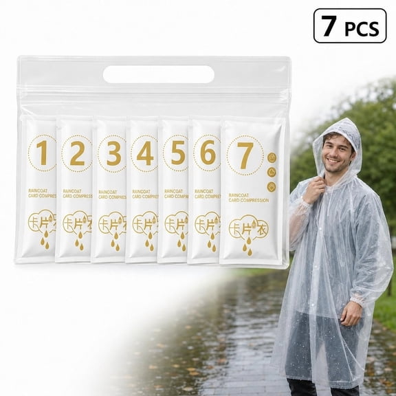 7-Pack Disposable PE Raincoat, Cream White Hooded Portable Emergency Adult Rain Poncho, for Hiking, Travel, Outdoor Events