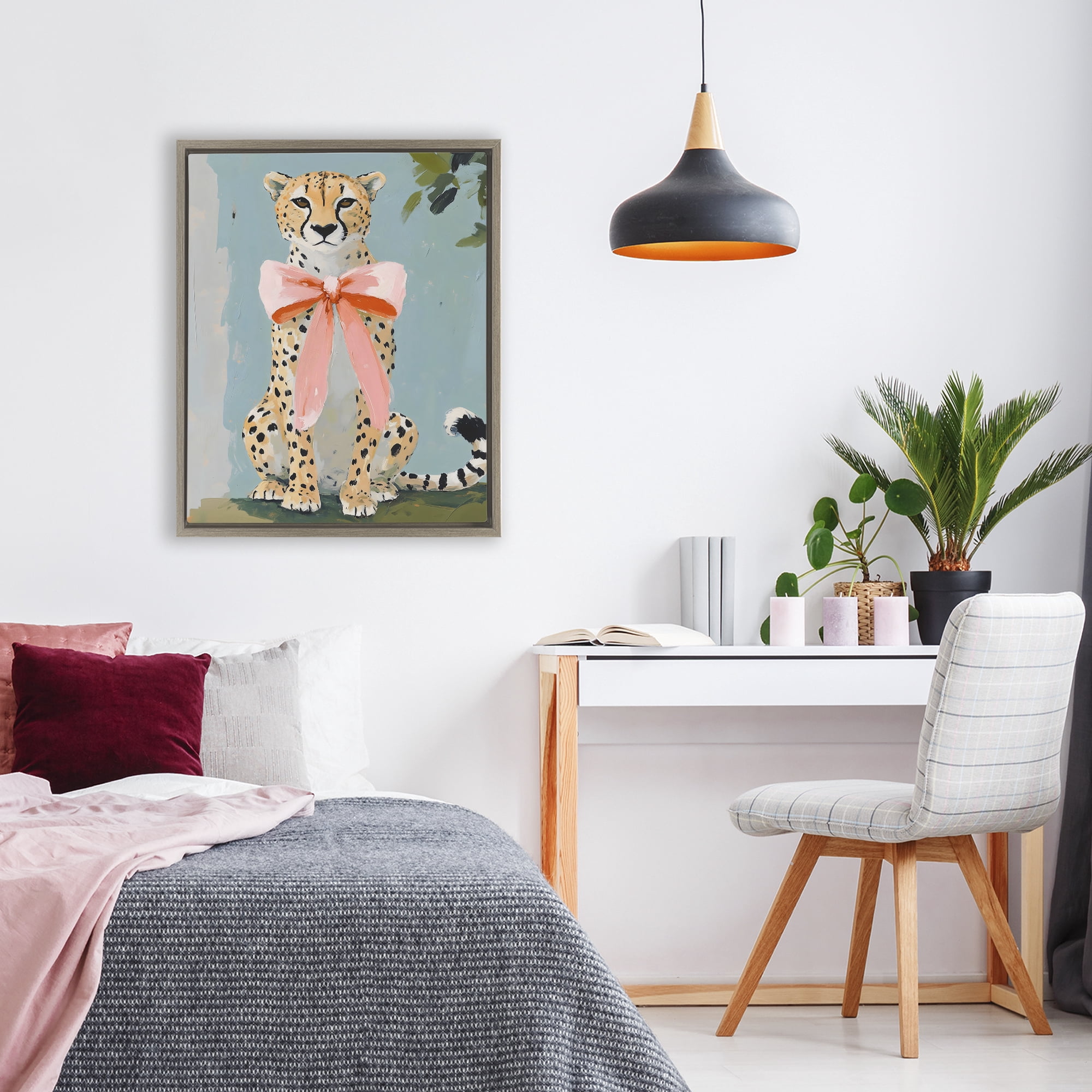 Stupell Industries Cheetah with Big Pink Bow Brown Framed Floater Canvas Wall Art, design by The Prints Vibe