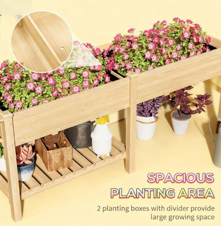 Elevated Garden Bed, Wood Raised Garden Box with Side Table, Bottom Shelf, Bed Liners and Drainage Holes