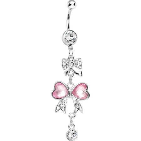 Clear Pink Bow Heart Dangle Belly Ring