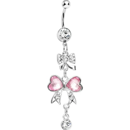 Devil Dangle Belly Ring - Clear Pink Bow Heart Dangle Belly Ring